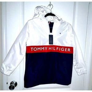 Nwt Tommy Hilfiger Boy's White 1/4 Zip Hooded Jacket SZ M 12-14